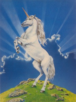 Featured is a postcard image of the mythical unicorn - an iconic character in the fantasy realm and a favorite subject of fantasy art and artists.  Art by Irvine Peacock.  The original unused Athena Art card is for sale in The unltd.com Store.